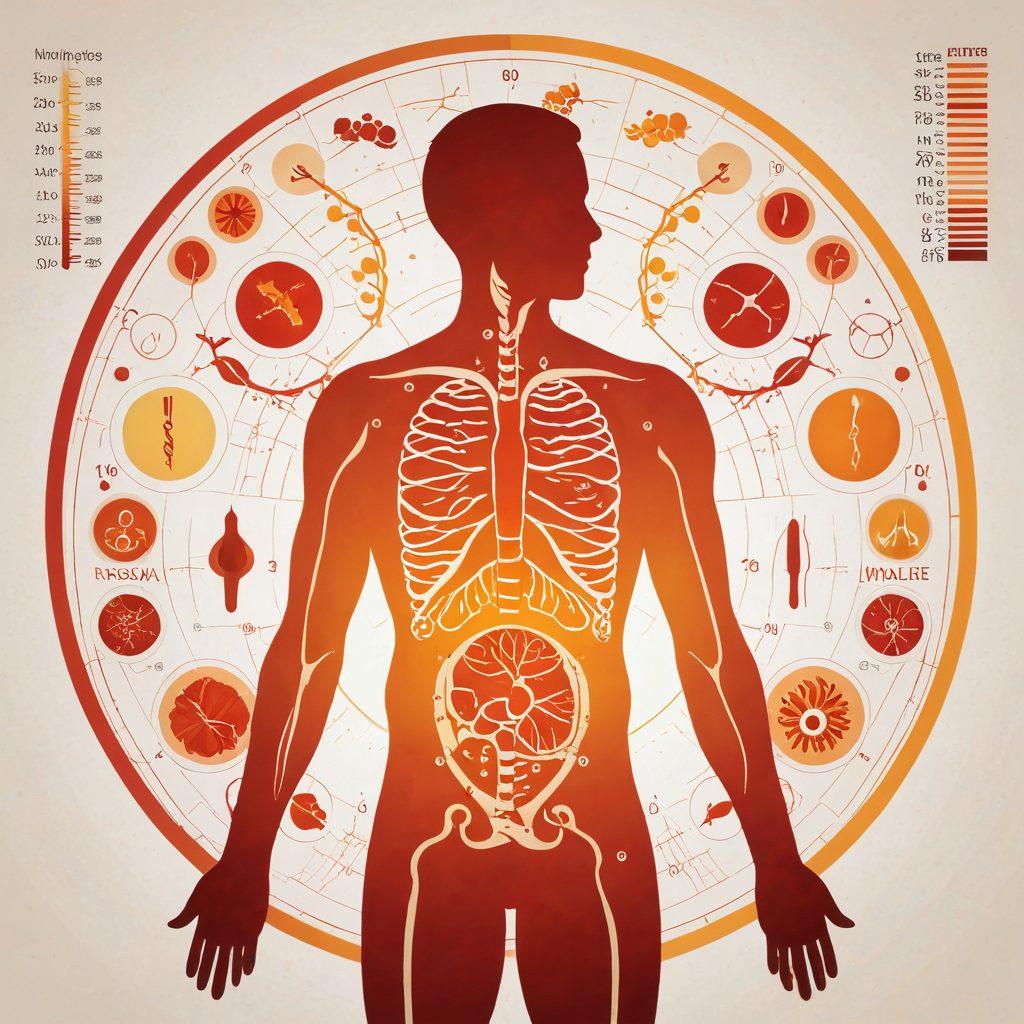 Create an intricate illustration of a human silhouette with a translucent overlay showing various internal organs, emphasizing the bladder and kidney filled with warm colors. Include a thermometer displaying a high temperature and scientific symbols like DNA helixes or graphs in the background to convey exploration and analysis of body temperature effects. Incorporate a warm color palette to represent warmth and comfort. surreal art. vibrant colors. white background.